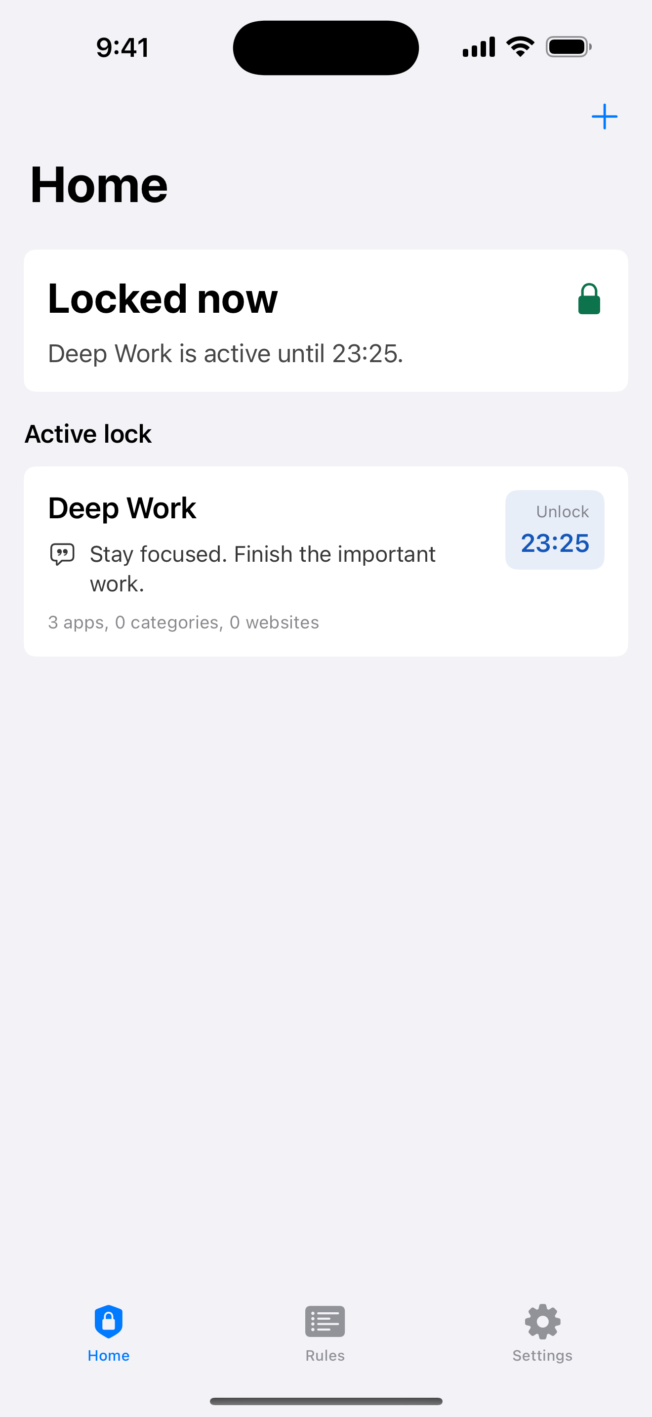 Enough for Now iPhone home screen showing an active Quick Lock timer