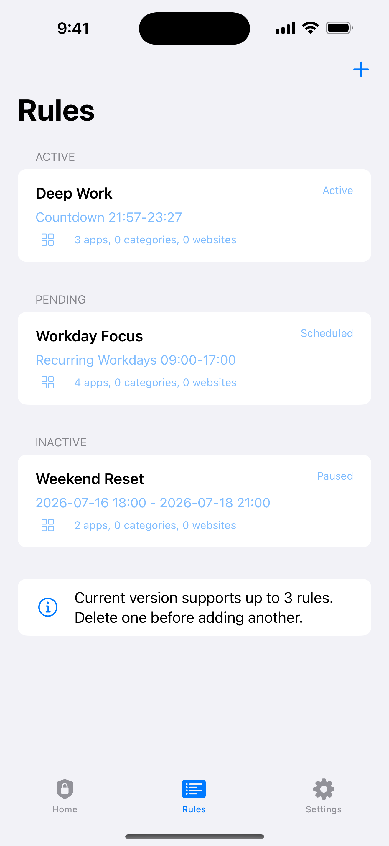Enough for Now iPhone rules overview showing three scheduled rules