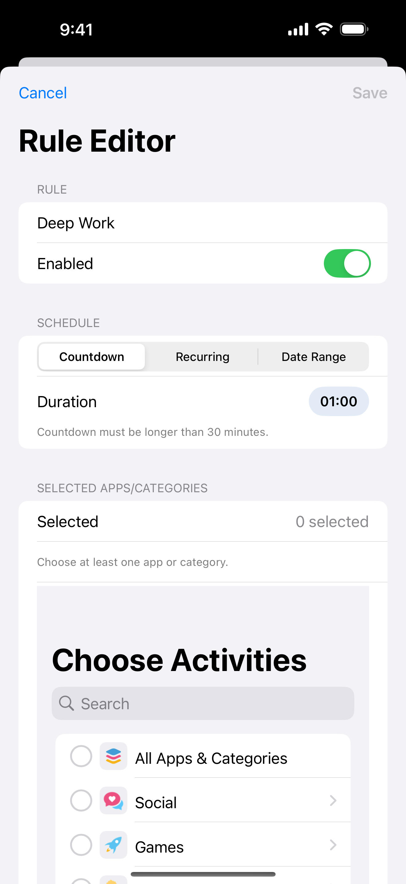 Enough for Now Countdown rule setup on iPhone