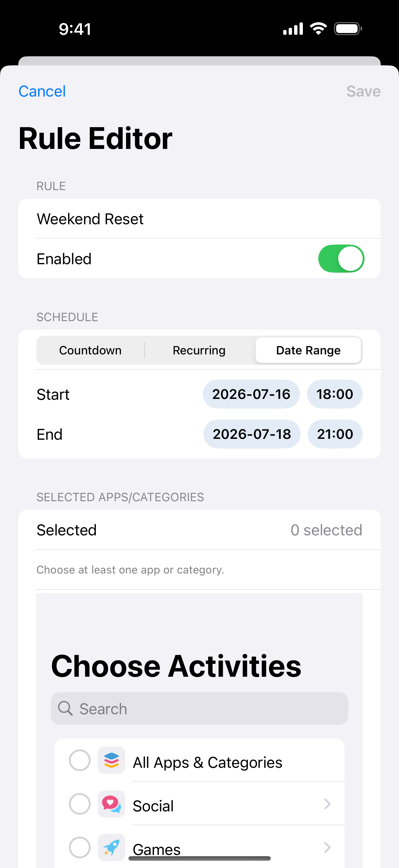 Enough for Now Date Range rule setup with start and end dates