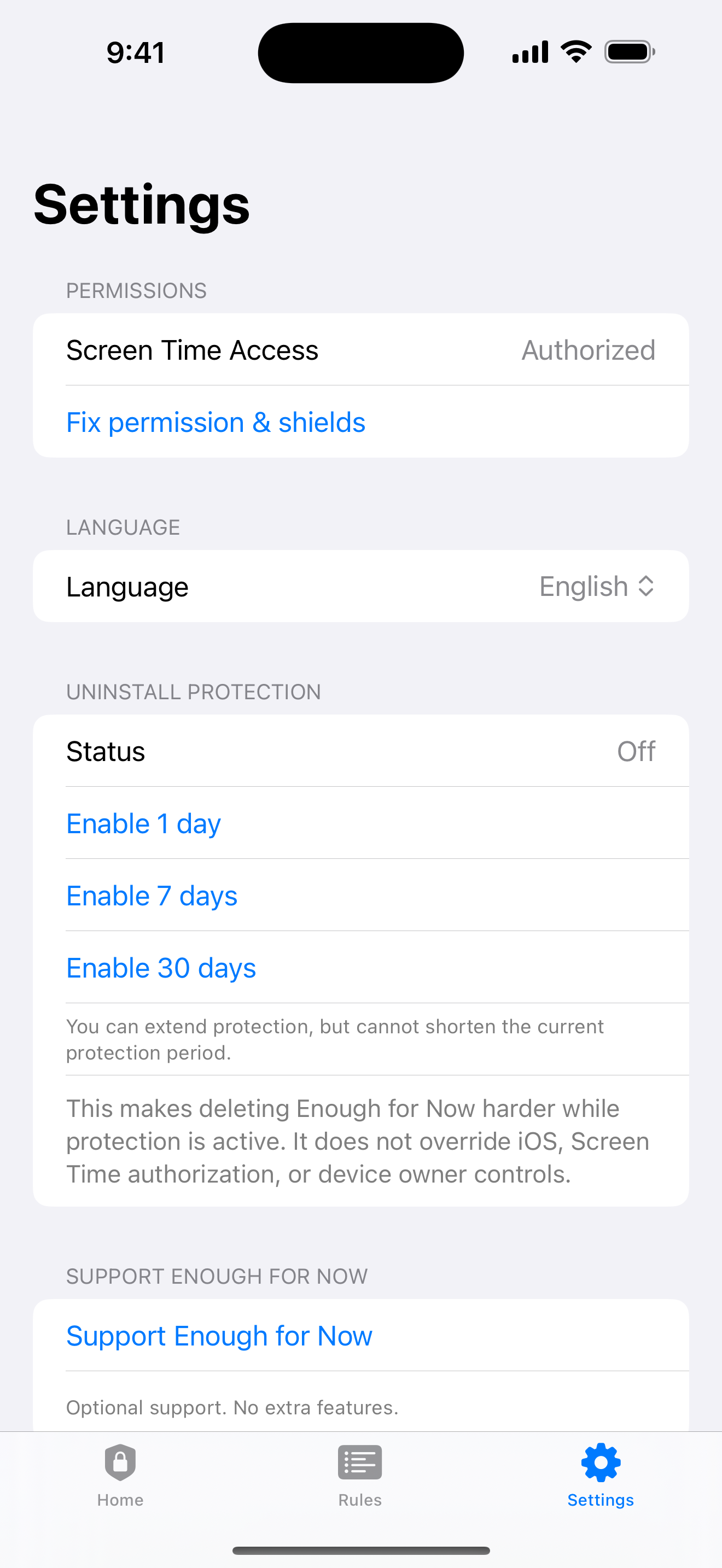 Enough for Now settings screen showing privacy and protection controls