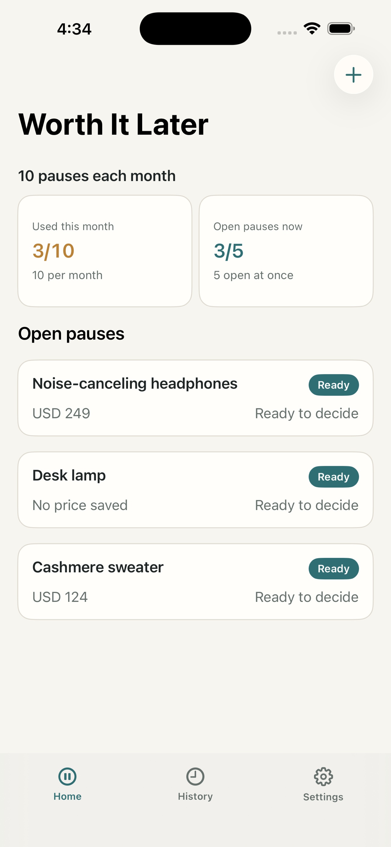 Worth It Later home screen showing monthly pause usage and open paused purchases