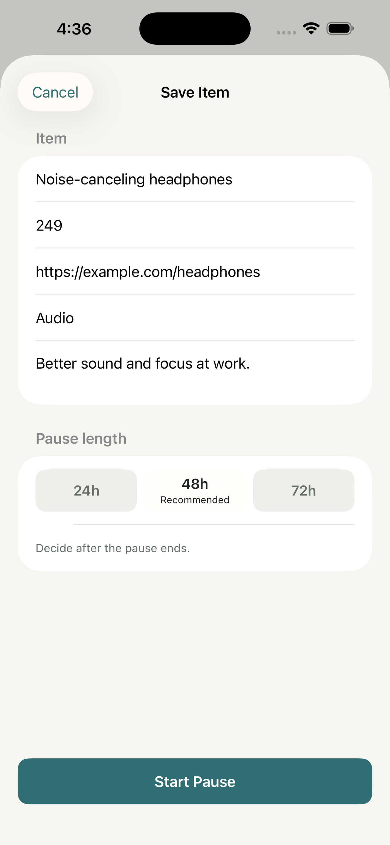 Worth It Later add item screen with price, link, category, note, and pause duration fields