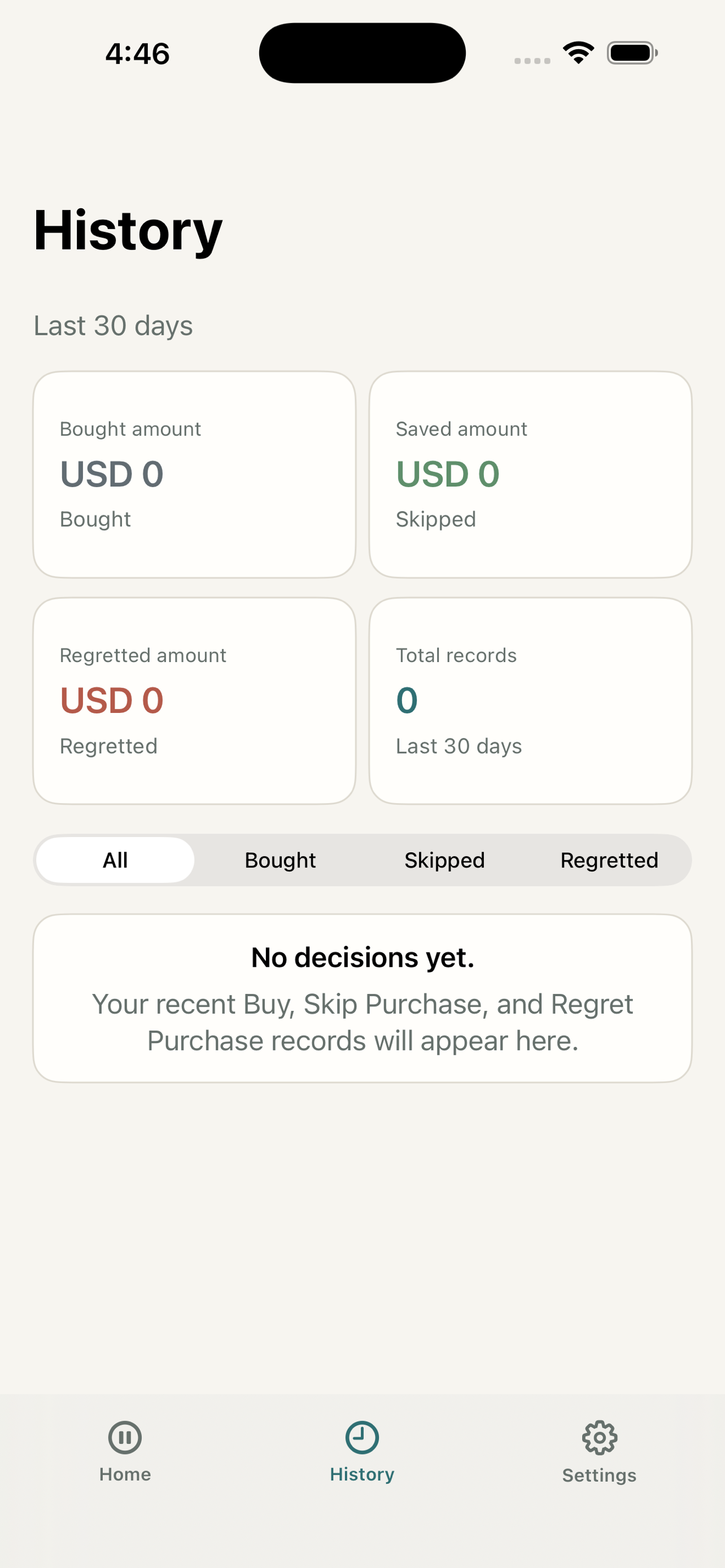 Worth It Later history screen showing recent purchase decisions and kept money