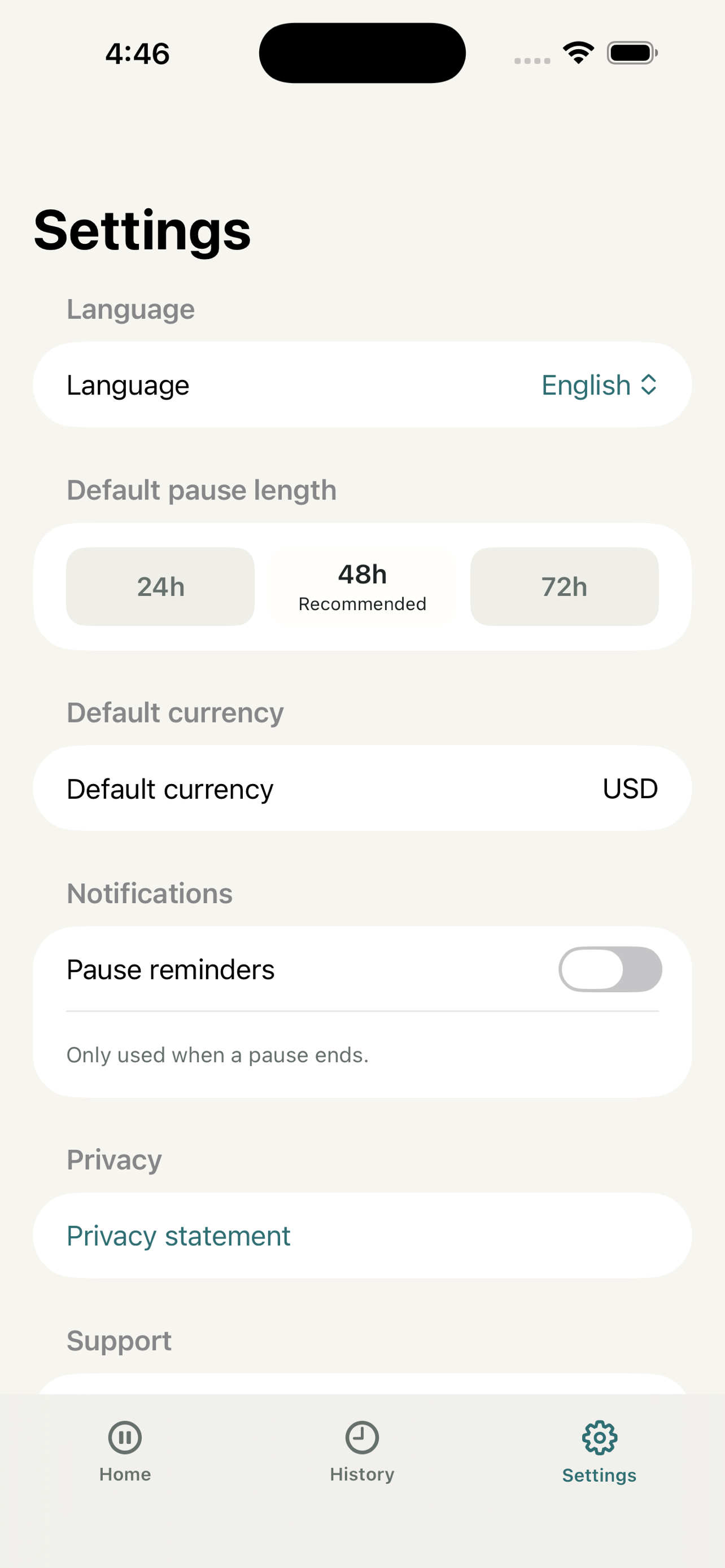 Worth It Later settings screen showing pause reminder controls